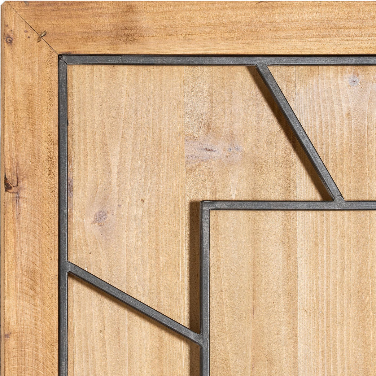 Close-up of Hill Interiors Large Square Wooden Wall Clock in brown, showing the corner with wood-effect frame and slim metal geometric detailing.
