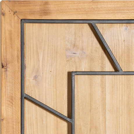 Close-up of Hill Interiors Large Square Wooden Wall Clock in brown, showing the corner with wood-effect frame and slim metal geometric detailing.