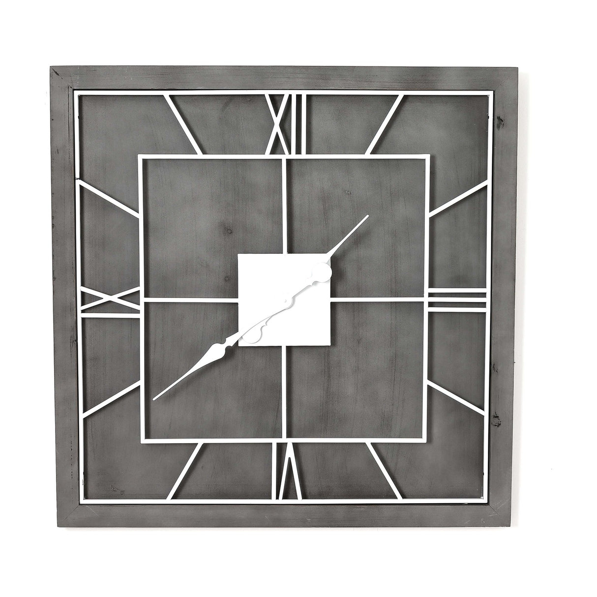 Hill Interiors Grey Square Metal Wall Clock with slim frame, open face, Roman numerals and white hands, shown against a plain white background.