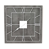 Hill Interiors Grey Square Metal Wall Clock with slim frame, open face, Roman numerals and white hands, shown against a plain white background.