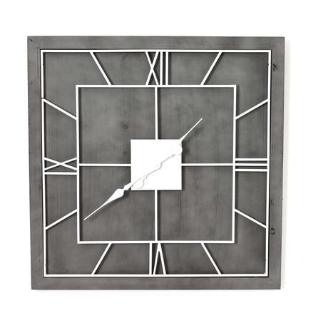 Hill Interiors Grey Square Metal Wall Clock with slim frame, open face, Roman numerals and white hands, shown against a plain white background.