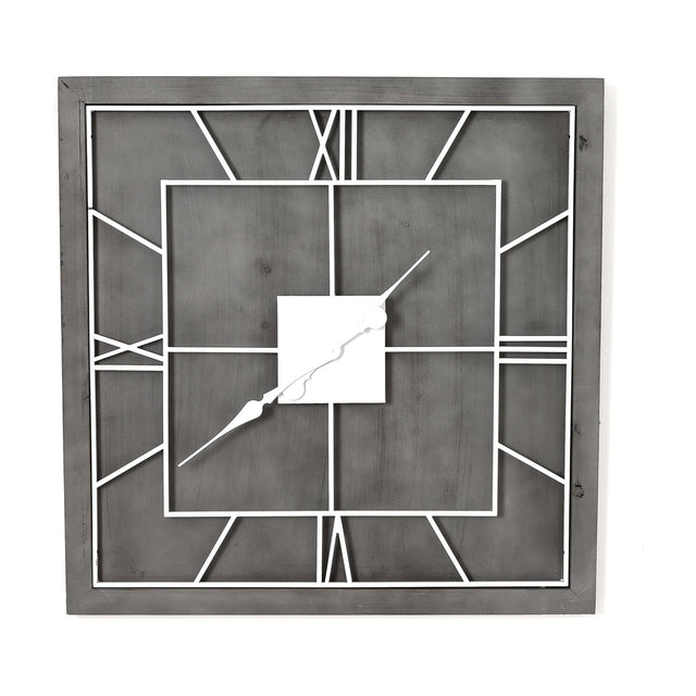Hill Interiors Grey Square Metal Wall Clock with slim frame, open face, Roman numerals and white hands, shown against a plain white background.