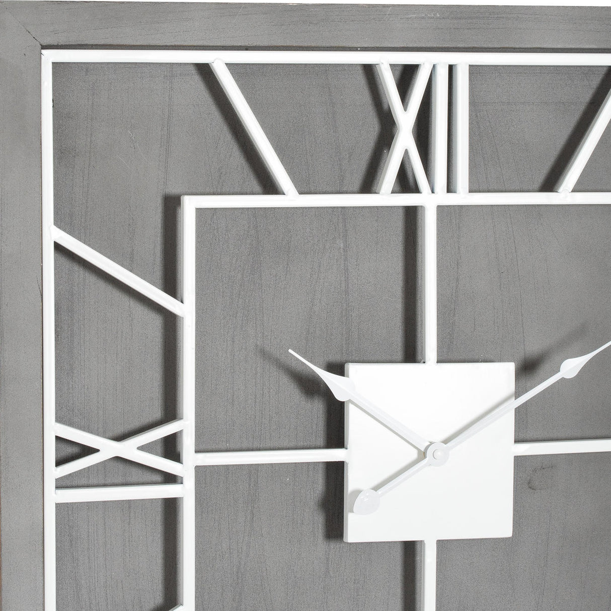 Close-up of Hill Interiors Grey Square Metal Wall Clock showing white Roman numerals, slender hands and central square housing against a grey frame.