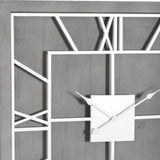 Close-up of Hill Interiors Grey Square Metal Wall Clock showing white Roman numerals, slender hands and central square housing against a grey frame.