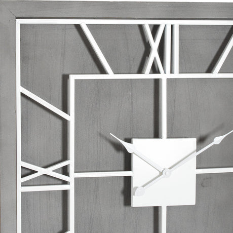 Close-up of Hill Interiors Grey Square Metal Wall Clock showing white Roman numerals, slender hands and central square housing against a grey frame.