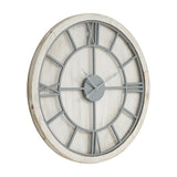 Hill Interiors 60cm round wall clock with a whitewashed wooden frame and grey metal Roman numeral dial, shown at an angle on a white background.
