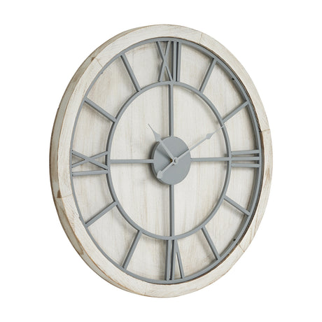 Hill Interiors 60cm round wall clock with a whitewashed wooden frame and grey metal Roman numeral dial, shown at an angle on a white background.