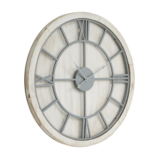 Hill Interiors 60cm round wall clock with a whitewashed wooden frame and grey metal Roman numeral dial, shown at an angle on a white background.