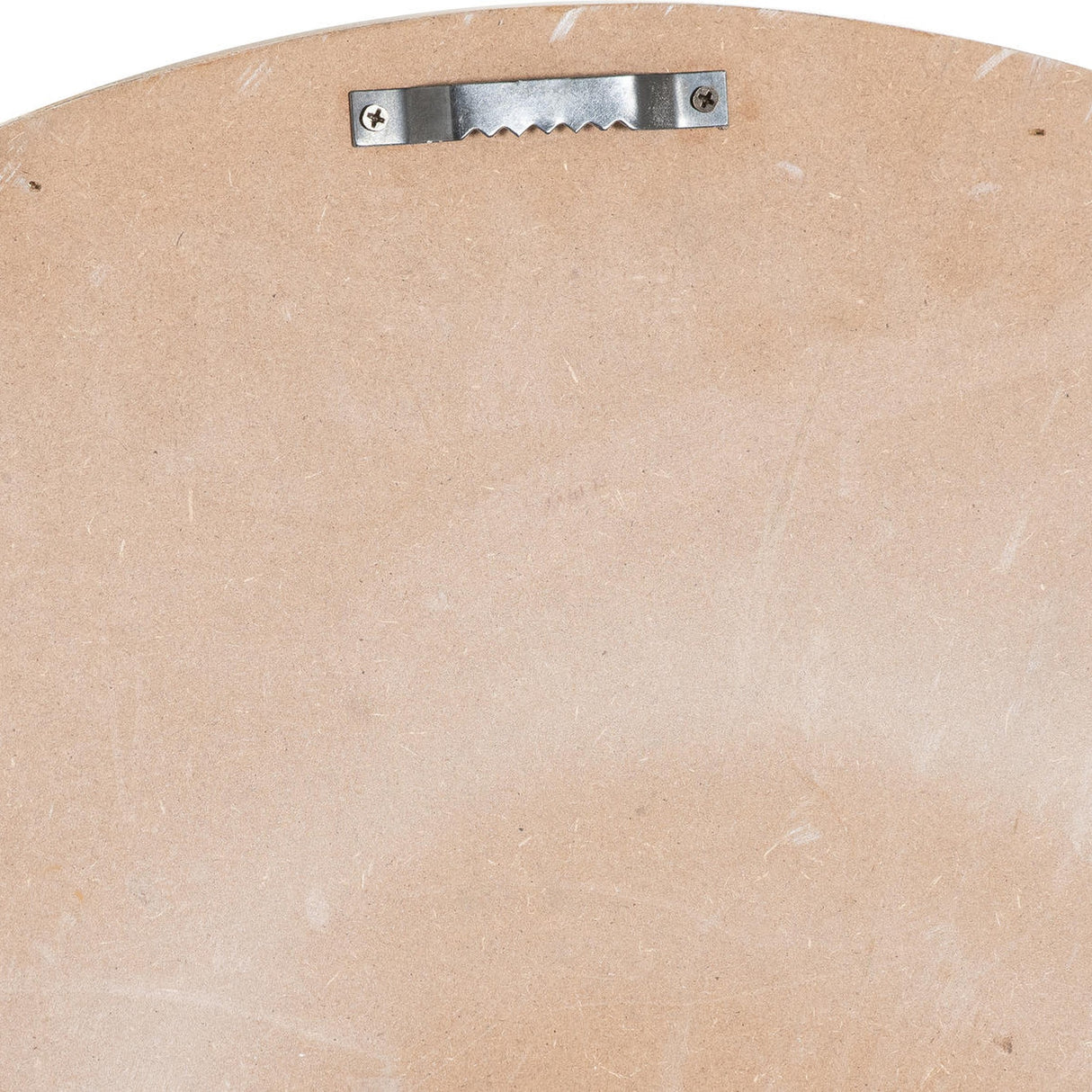 Back of Hill Interiors White Metal Round Wall Clock 60cm showing plain MDF backing with a central metal sawtooth hanging bracket secured by two screws.