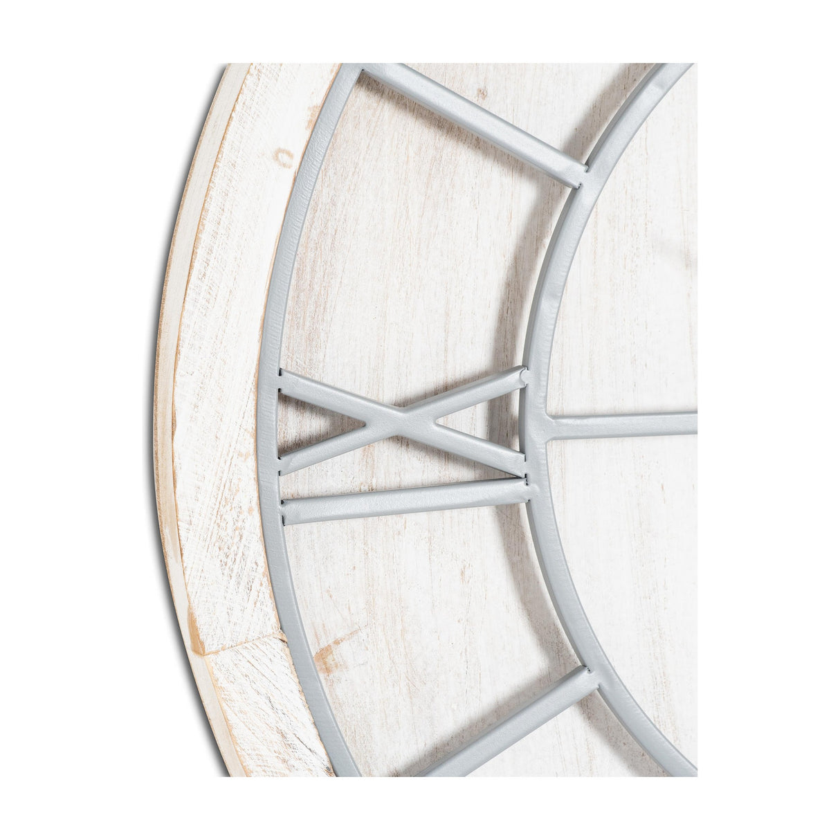 Close-up of Hill Interiors White Metal Round Wall Clock 60cm showing the distressed whitewashed wooden face and slim white metal Roman numeral frame.