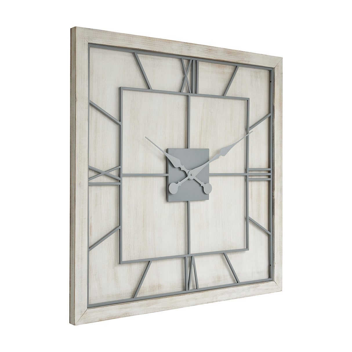 Hill Interiors White Square Large Wall Clock with slim white metal frame, grey Roman numerals and ornate hands on a pale dial, shown at an angle.