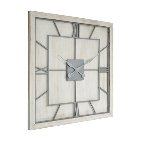 Hill Interiors Large Square Skeleton Wall Clock in white with slim metal frame, grey Roman numerals and ornate hands, shown at an angle.