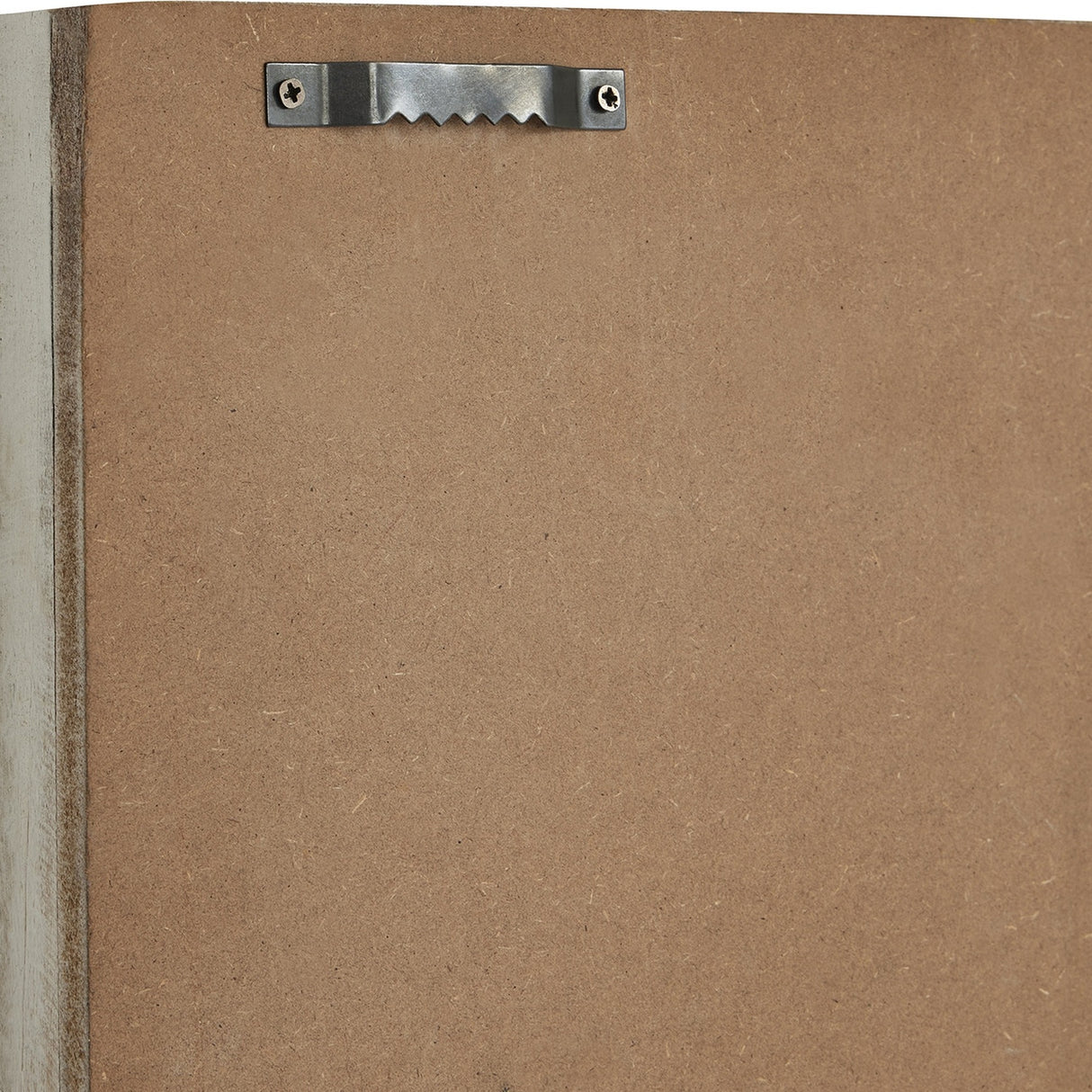 Back view of Hill Interiors White Square Large Wall Clock showing brown MDF backing with a metal sawtooth hanging bracket secured by two screws.