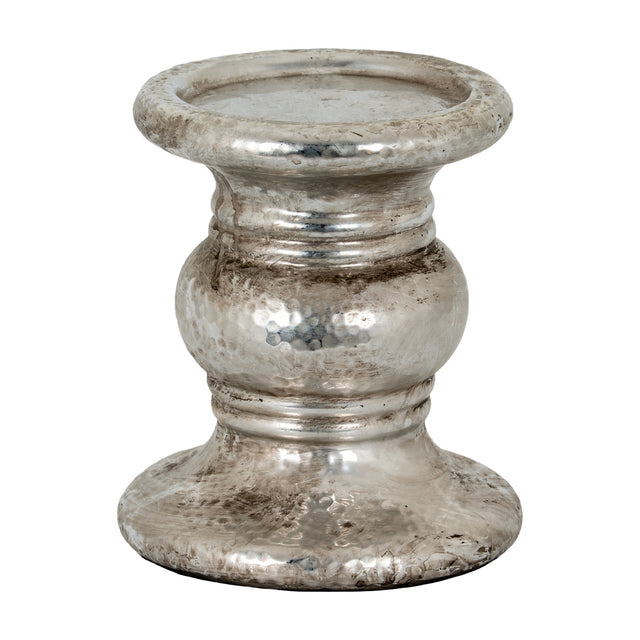 Hill Interiors Large Punch-Faced Ceramic Candle Holder in silver, with a dimpled metallic glaze, rounded pedestal form and wide base, on a white background.