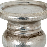 Close-up of the Hill Interiors Large Punch-Faced Ceramic Candle Holder in silver, showing the dimpled texture, metallic glaze, and rounded pillar candle well.