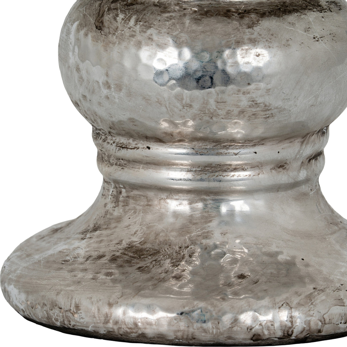 Close-up of the Hill Interiors Large Punch-Faced Ceramic Candle Holder in silver, showing its dimpled metallic glaze on a white background.