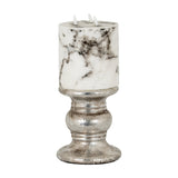 Hill Interiors Large Punch-Faced Ceramic Candle Holder in silver, holding a marbled three-wick pillar candle, shown against a plain white background.