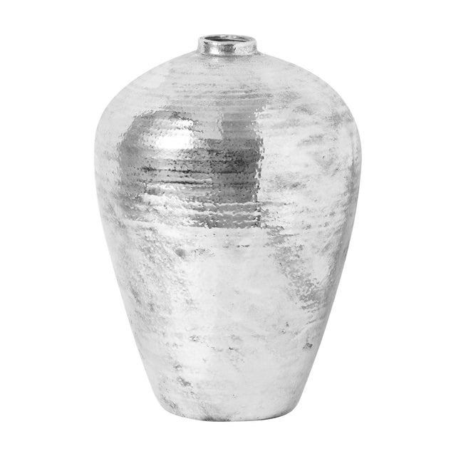 Large Silver Ceramic Vase by Hill Interiors with a rounded tapered body, narrow neck and hammered metallic silver finish, on a plain white background.