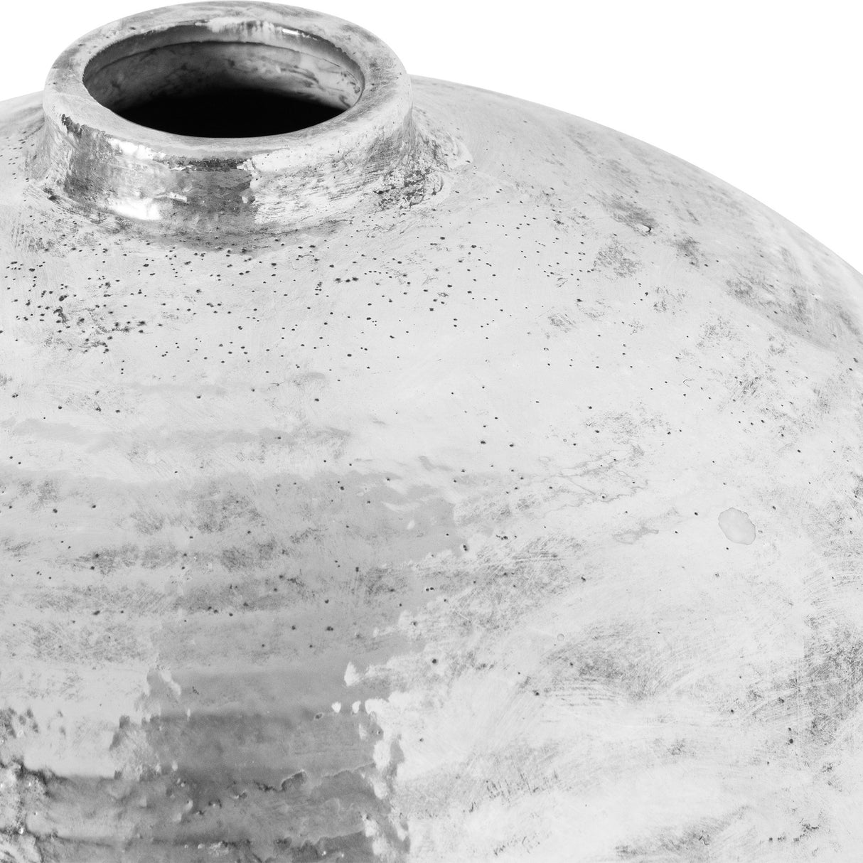 Close-up of Hill Interiors Large Silver Ceramic Vase showing the rounded body, narrow neck opening, and weathered silver metallic glaze with speckled texture.