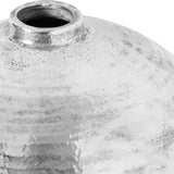 Close-up of Hill Interiors Large Silver Ceramic Vase showing the rounded body, narrow neck opening, and weathered silver metallic glaze with speckled texture.