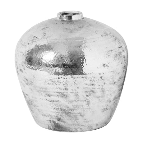 Hill Interiors Distressed Ceramic Vase in silver, a rounded body tapering to a short neck with a reflective glaze, shown on a plain white background.
