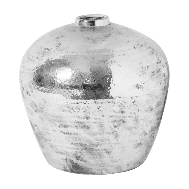 Hill Interiors Silver Astral Vase, a rounded ceramic vase with a tapered neck and reflective silver glaze, shown against a plain white background.