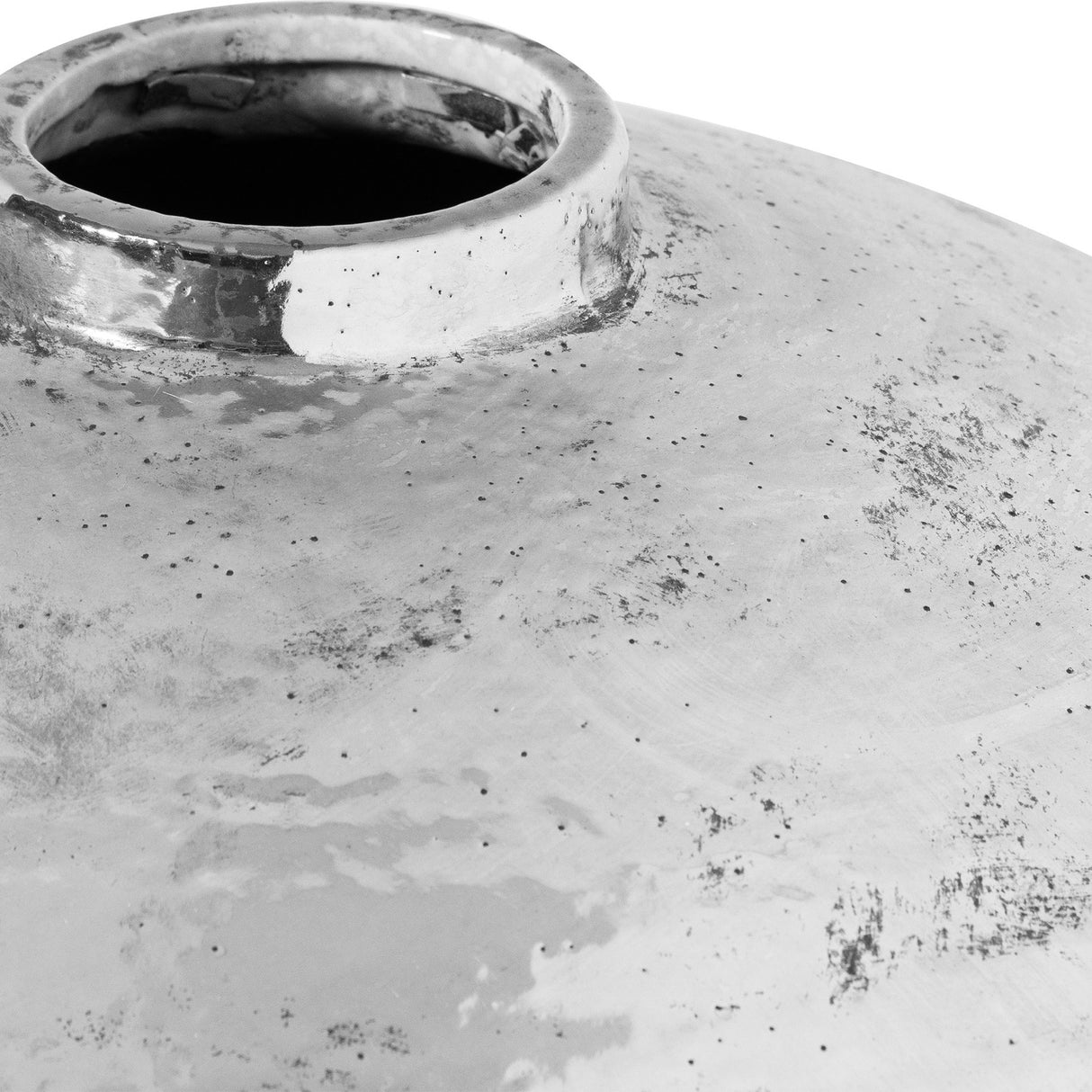 Close-up of the Hill Interiors Silver Astral Vase showing its rounded ceramic body, narrow neck opening and distressed silver glaze finish.