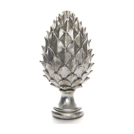 Hill Interiors Tall Silver Ceramic Pinecone Finial with layered scaled form on a rounded footed base, shown against a plain white background.