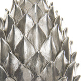 Close-up of the Hill Interiors Tall Silver Ceramic Pinecone Finial showing layered scaled leaves in a soft satin silver glaze against a white background.