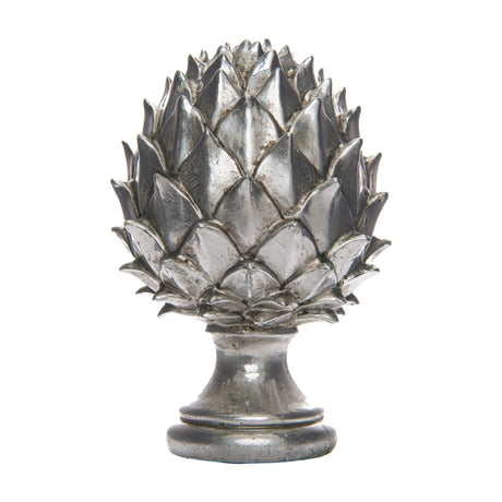 Hill Interiors Silver Ceramic Pinecone Finial with layered scale-like petals on a rounded pedestal base, shown against a plain white background.