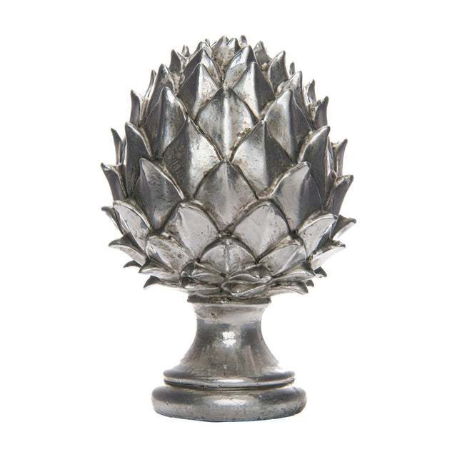 Hill Interiors Silver Ceramic Pinecone Finial with layered scale-like petals on a rounded pedestal base, shown against a plain white background.