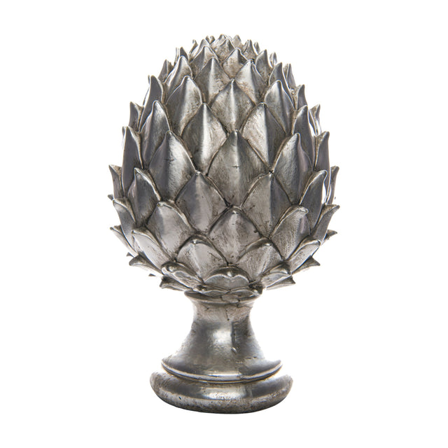 Hill Interiors Large Ceramic Pinecone Finial in silver, with layered scale detailing on a rounded pedestal base, shown against a plain white background.