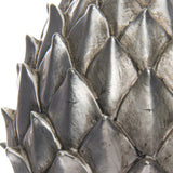 Close-up of the Hill Interiors Large Ceramic Pinecone Finial in silver, showing overlapping diamond-shaped scales with a soft glazed sheen.