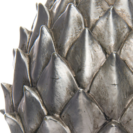 Close-up of the Hill Interiors Large Ceramic Pinecone Finial in silver, showing overlapping diamond-shaped scales with a soft glazed sheen.
