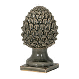 Hill Interiors grey ceramic decorative acorn with textured layered cap and smooth pedestal base on a square foot, shown on a white background.