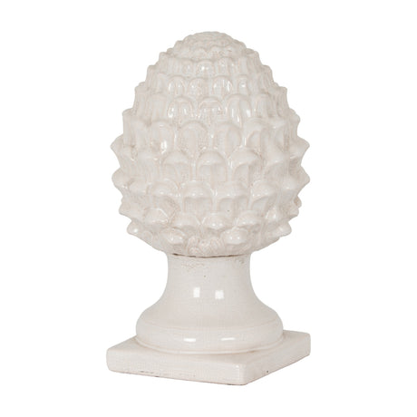 Hill Interiors White Decorative Ceramic Acorn with textured cap, tapering body and square pedestal base in crackle-glazed white, on a plain background.