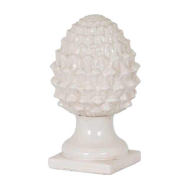 Hill Interiors White Decorative Ceramic Acorn with textured cap, tapering body and square pedestal base in crackle-glazed white, on a plain background.