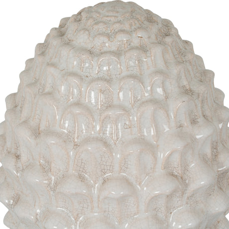 Hill Interiors White Decorative Ceramic Acorn with textured scaled cap and crackle-glazed white finish, shown close-up against a plain white background.