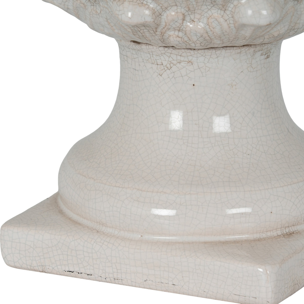 Close-up of the base of the Hill Interiors White Decorative Ceramic Acorn, showing the square plinth and turned pedestal in a crackle-glaze white finish.