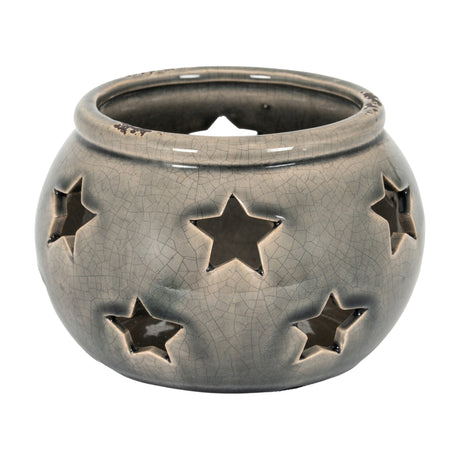 Hill Interiors Star Candle Lantern in grey crackle-glaze ceramic with pierced star cut-outs and a rounded body, shown on a plain white background.