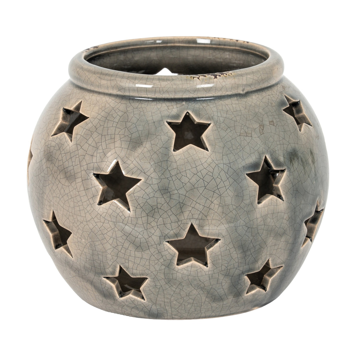 Hill Interiors Large Star Candle Lantern in grey crackle-glazed ceramic with rounded form and star-shaped cut-outs, shown on a plain white background.