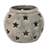 Hill Interiors Large Star Candle Lantern in grey crackle-glazed ceramic with rounded form and star-shaped cut-outs, shown on a plain white background.