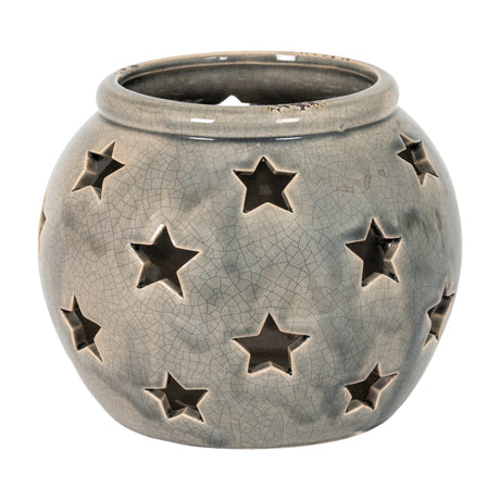Hill Interiors Large Star Candle Lantern in grey crackle-glazed ceramic with rounded form and star-shaped cut-outs, shown on a plain white background.