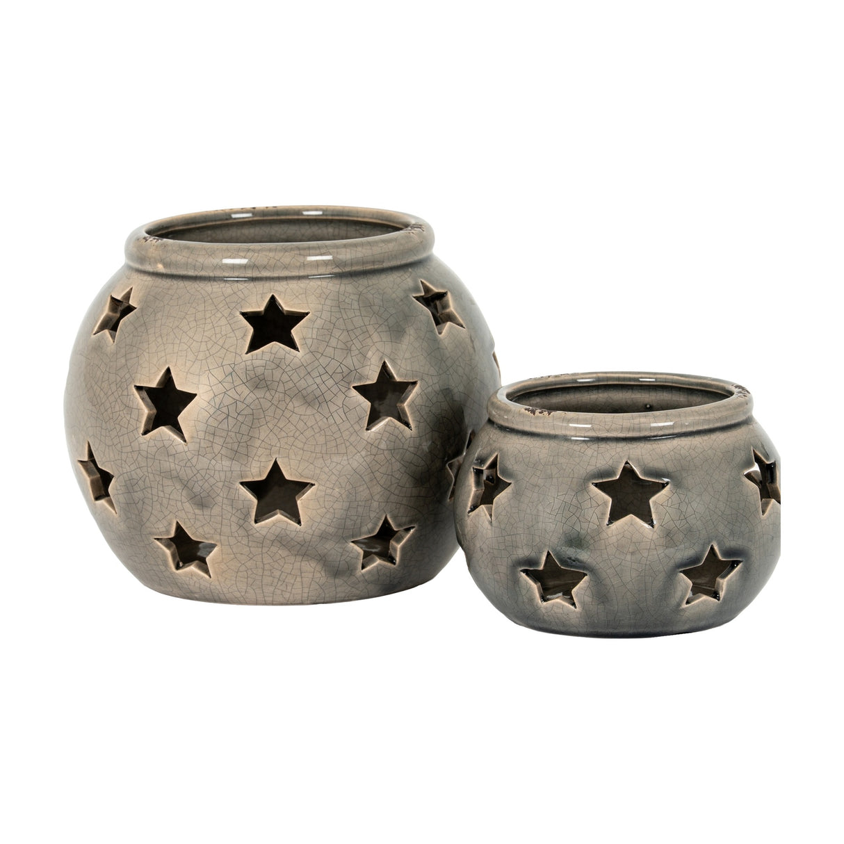 Hill Interiors Large Star Candle Lantern in grey crackle-glazed ceramic, shown beside a smaller matching lantern with star cut-outs on a white background.