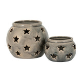 Hill Interiors Large Star Candle Lantern in grey crackle-glazed ceramic, shown beside a smaller matching lantern with star cut-outs on a white background.