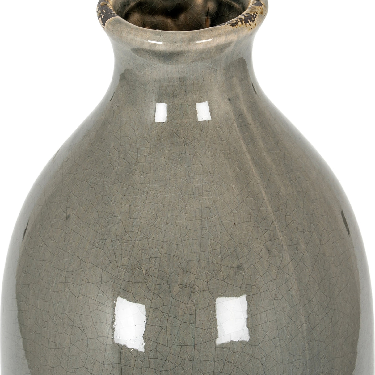 Hill Interiors Grey Glazed Ceramic Vase with a rounded body, tapered neck, and crackle-finish grey glaze with darker distressed rim, on white.
