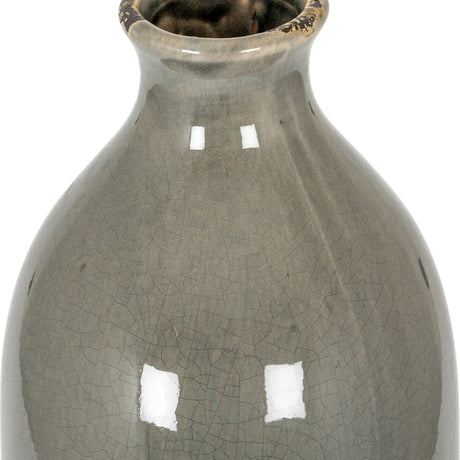 Hill Interiors Grey Glazed Ceramic Vase with a rounded body, tapered neck, and crackle-finish grey glaze with darker distressed rim, on white.