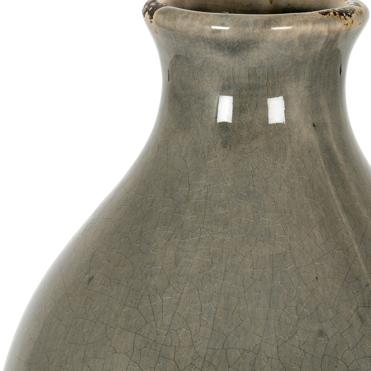 Close-up of the Hill Interiors Grey Glazed Ceramic Vase showing the tapered neck, flared rim with darkened edges, and crackled grey glaze finish.