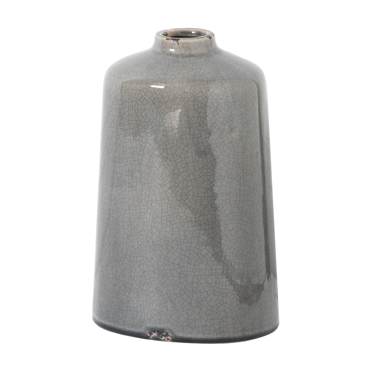 Hill Interiors grey glazed ceramic vase with a rounded tapered body, narrow neck and crackled finish, shown against a plain white background.