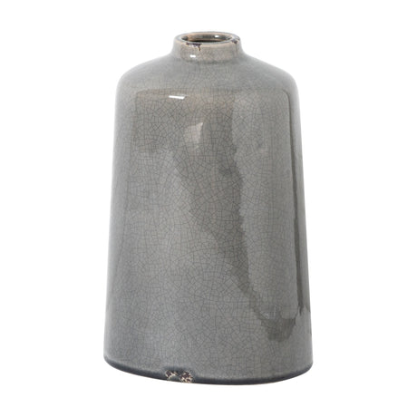 Hill Interiors grey glazed ceramic vase with a rounded tapered body, narrow neck and crackled finish, shown against a plain white background.